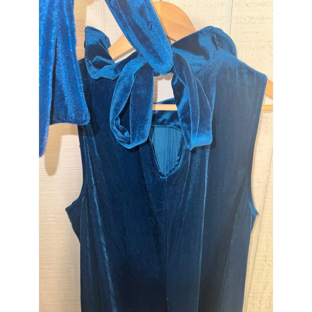 Umgee Velvet Shift Dress Womens Teal Blue Ruffle Tie Neck Sleeveless L